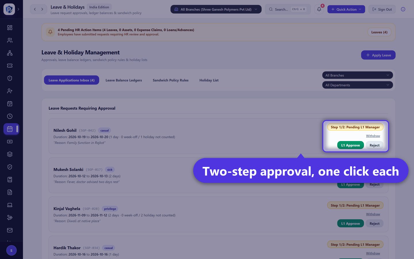 PayrollPro leave management screen with balances and approvals
